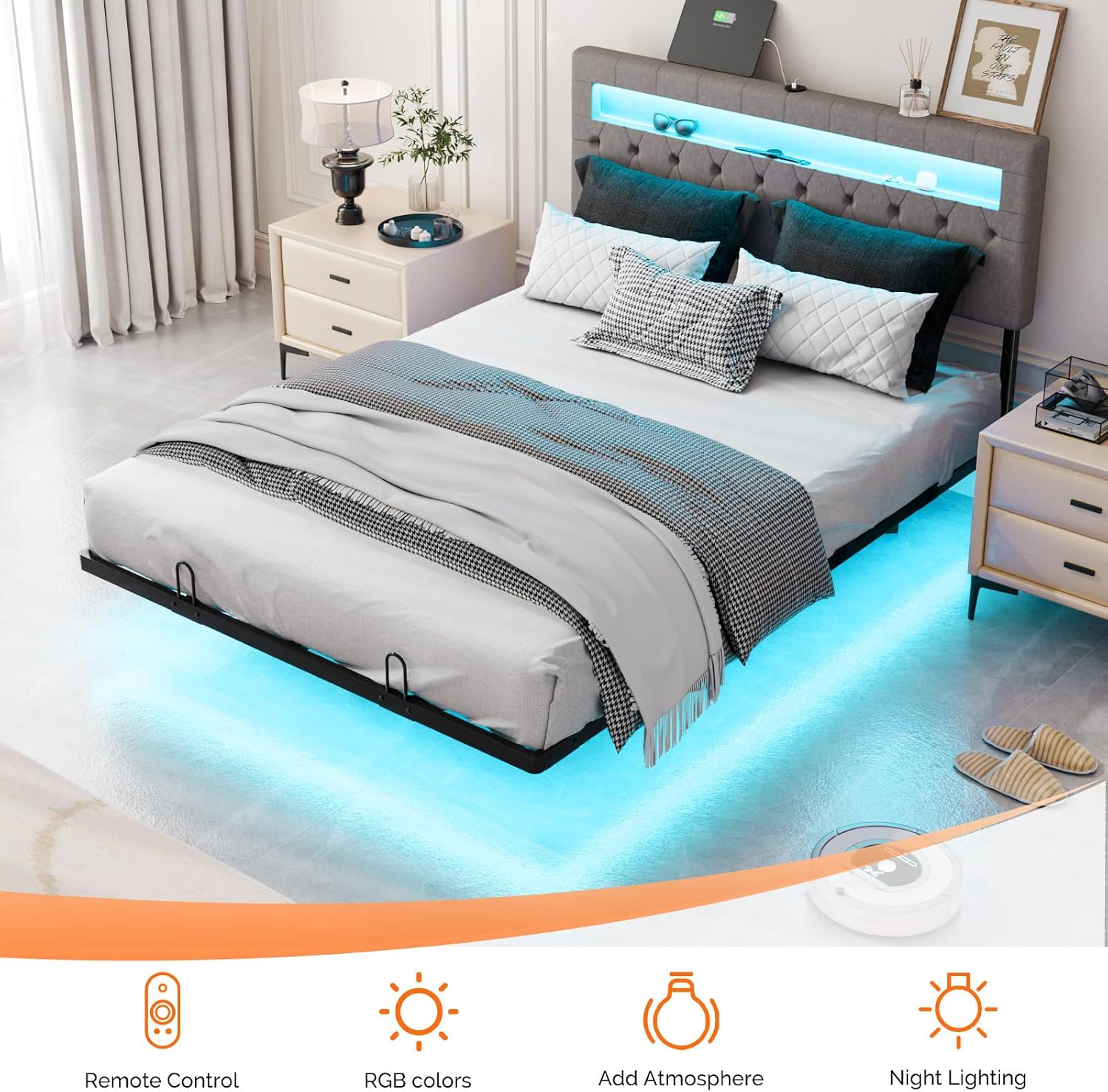 VINGLI Full Size Floating Bed Frame with Charging Station,Modern Metal Full Bed with led Lights,Easy Assembly,No Box Spring Needed,Adjustable Headboard,Upholstered Bed Frame for Adults, Kids