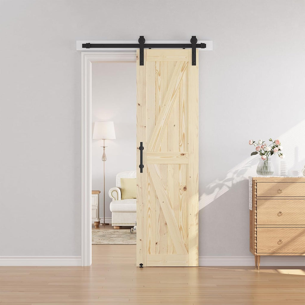 SMARTSTANDARD 28in x 84in Sliding Barn Door with 5ft Barn Door Hardware Kit Included, Unfinished Solid Spruce Wood Door, Assembly Required, DIY, Stainable, Natural