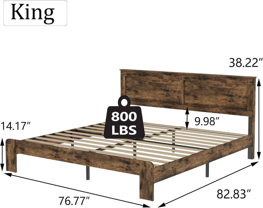 Bellemave Rustic Vintage King Size Bed Frame with Headboard,Wooden Platform Bed Frame King Size with Wood Slats,Easy Assembly,Dark Brown