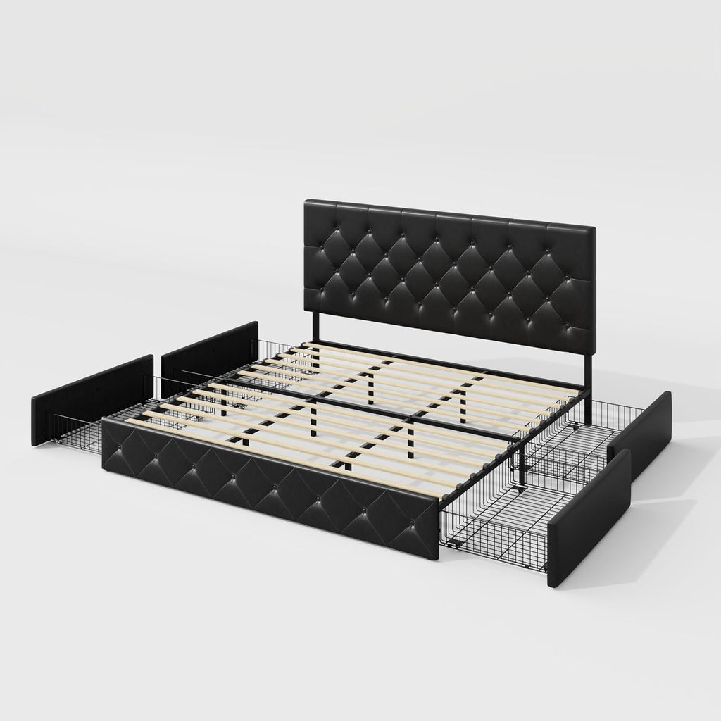 Allewie King Size Black Metal Faux Leather Platform Bed Frame with 4 Drawers