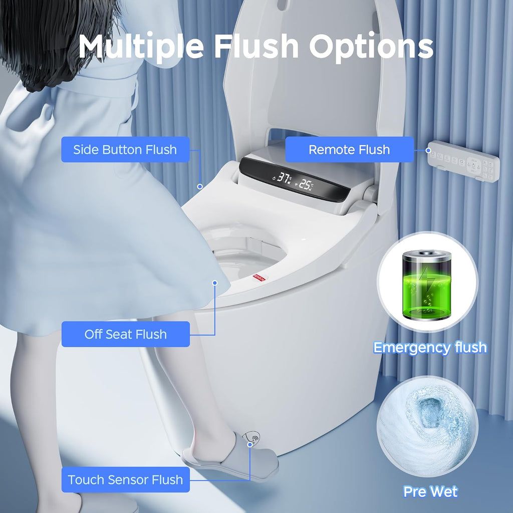 Smart Toilet with Bidet and Foam Shield Splash-Proof Protection, Touchless Auto Open Lid & Self-Cleaning, Modern Tankless Toilet with Remote Control, Heated Seat for Home Use