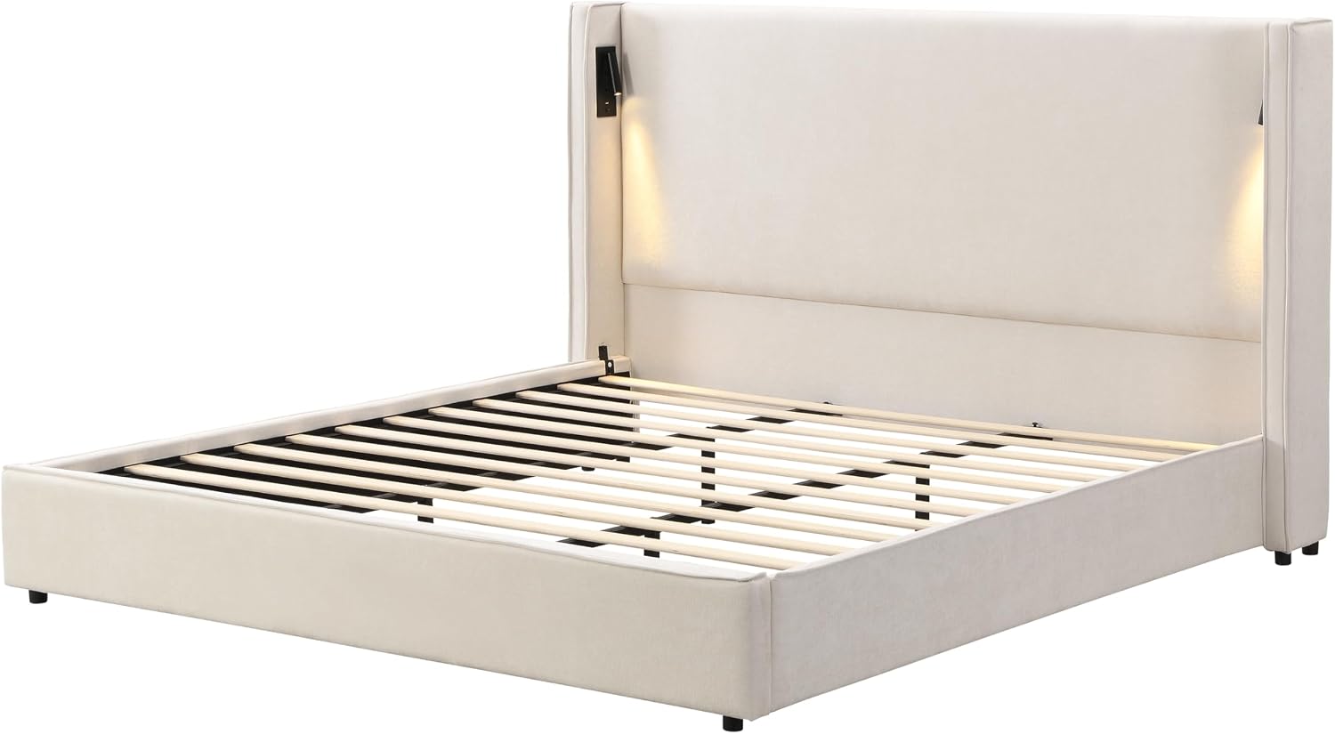 Christopher Knight Home Hazel 49.20' H King Headboard Bed, Upholstered King Size Bed, Slats Panel Support Platform, No Spring Box Needed, Wingback Headboard with Reading Lamps and USB, Beige