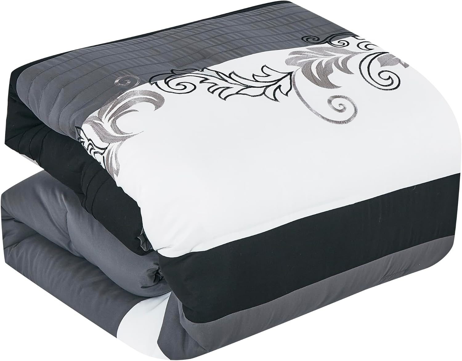 Chezmoi Collection Napa 7-Piece Luxury Leaves Scroll Embroidery Bedding Comforter Set (King, Black/Gray/White)
