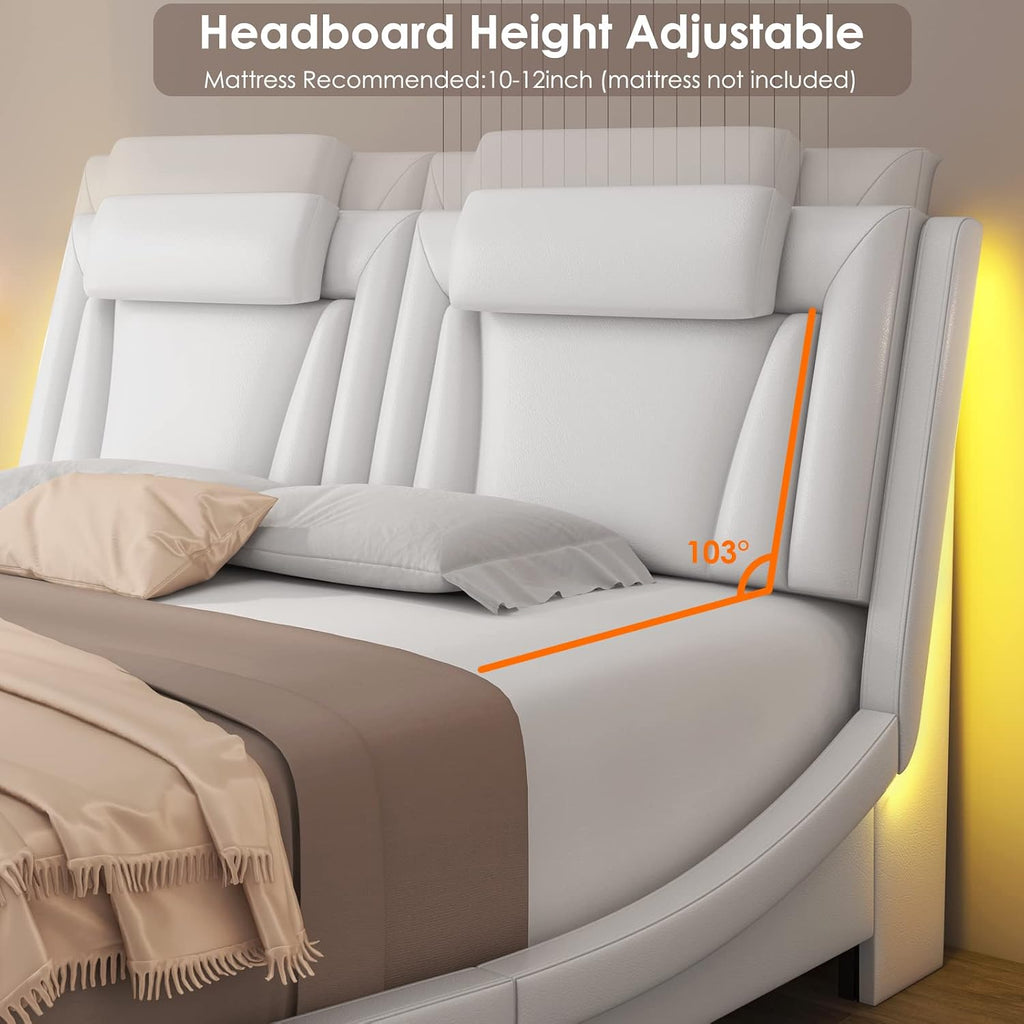 Keyluv Queen Size LED Bed Frame with Adjustable Headboard & Removable Pillow, PU Leather Upholstered Platform Bed, Wave-Like Curve Safety Design, Solid Wooden Slats Support, Easy Assembly, White