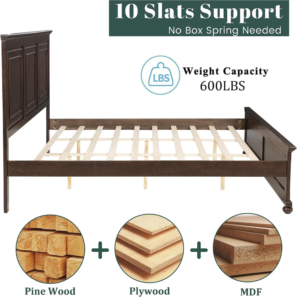 Mirightone King Size Platform Bed with Tall Headboard & Footboard, Pinewood King Bed Frame with Wood Panel Bed Base, No Squeak, No Box Spring Needed, Traditional Style, Brown