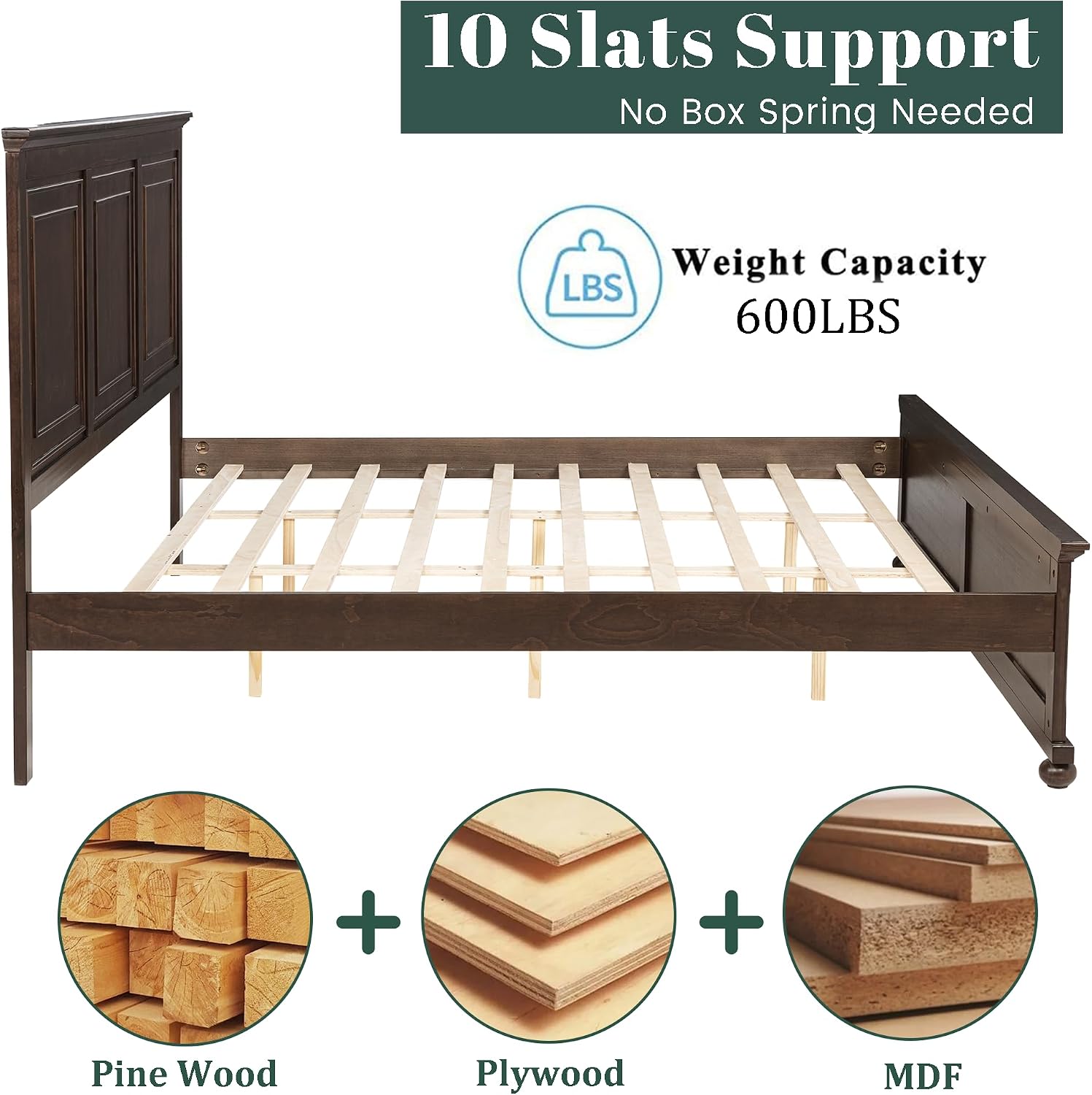 Mirightone King Size Platform Bed with Tall Headboard & Footboard, Pinewood King Bed Frame with Wood Panel Bed Base, No Squeak, No Box Spring Needed, Traditional Style, Brown