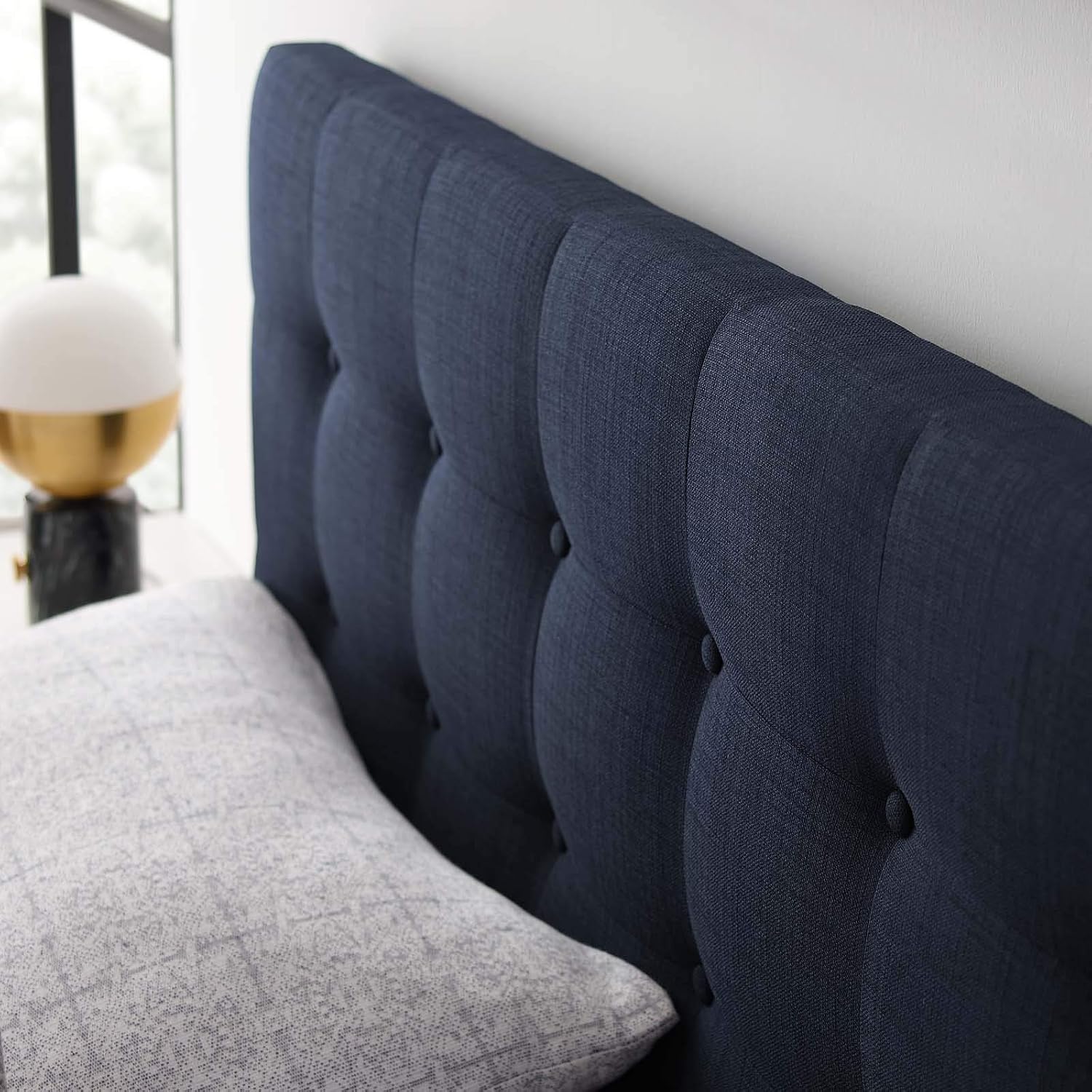 Modway Emily Tufted Button Linen Fabric Upholstered Queen Headboard in Navy