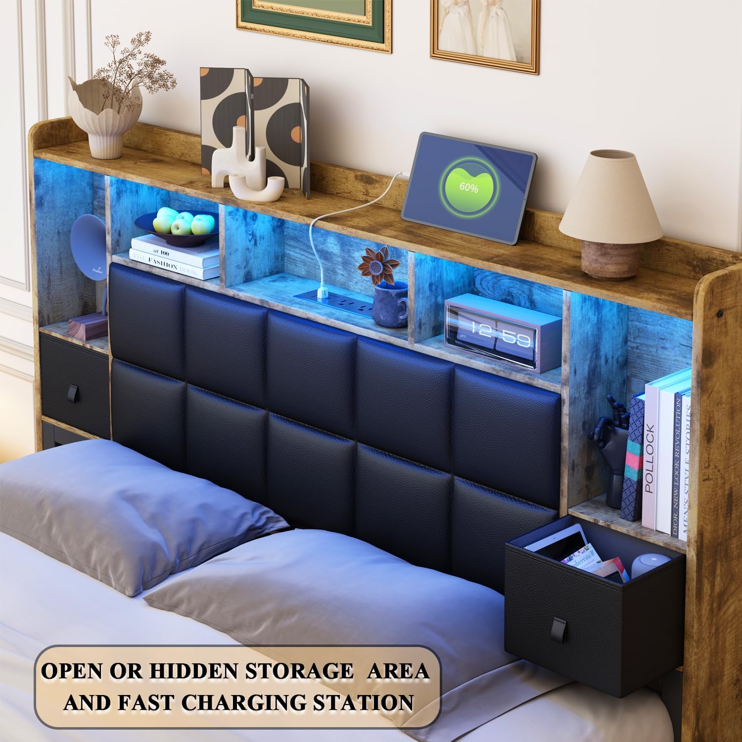 TIGUBFRE LED Bed Frame Full Size with Bookshelf PU Leather Headboard, 2 Hidden Storage Drawers, Upholstered Platform Bed with Charging Station, Metal Slats Support, Noise Free, No Box Spring Needed
