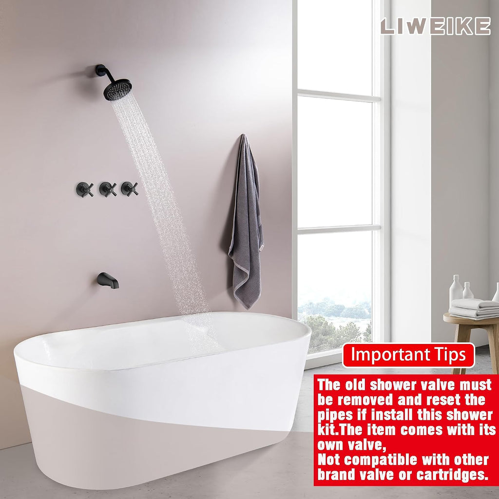 LIWEIKE 3 Handle Tub Shower Faucet, Matte Black Three Handles Shower Faucet Set with Tub and Shower Faucet Combo Rough-in Valve
