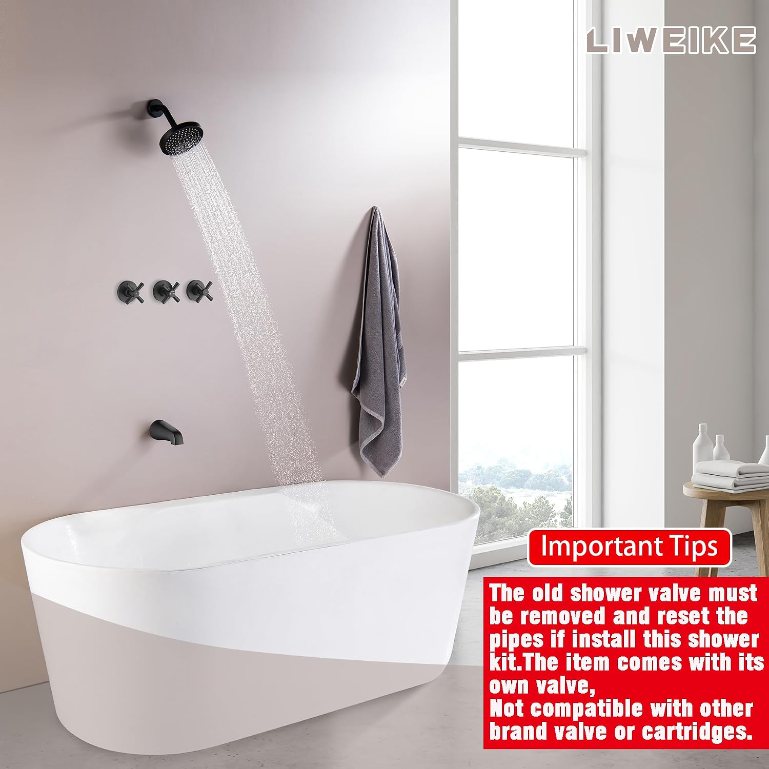LIWEIKE 3 Handle Tub Shower Faucet, Matte Black Three Handles Shower Faucet Set with Tub and Shower Faucet Combo Rough-in Valve