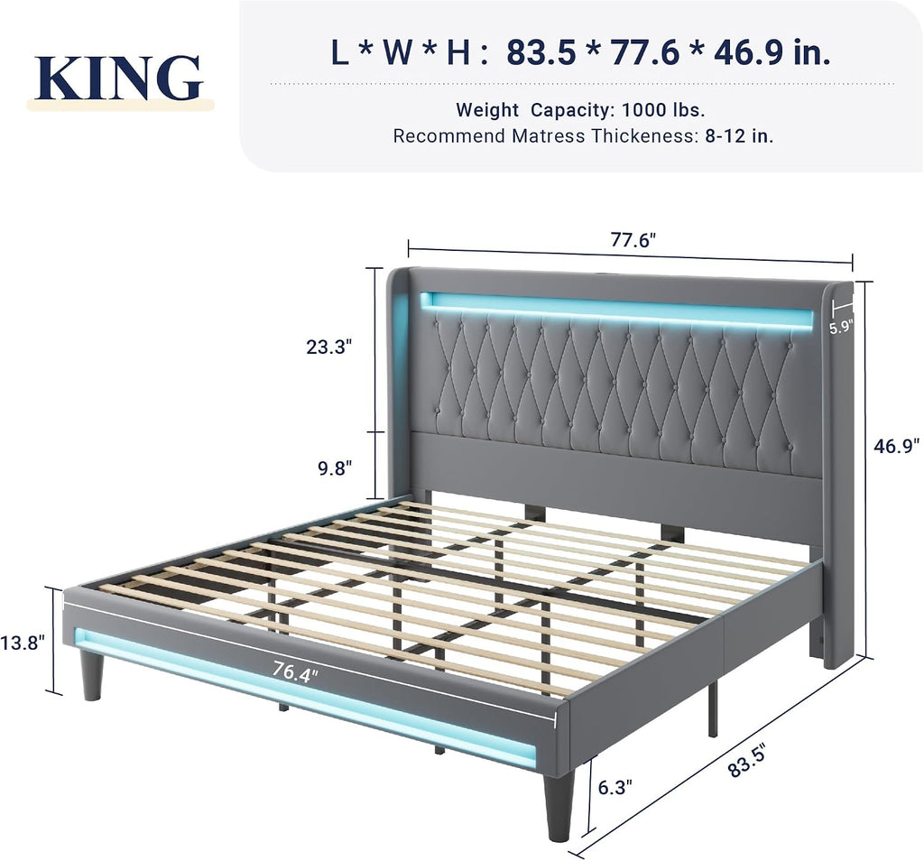 Allewie Upholstered King Size Platform Bed Frame with LED Light and Charging Station, Button Tufted High Headboard, Wingback Design, Noise Free, Easy Assembly, No Box Spring Needed, Grey