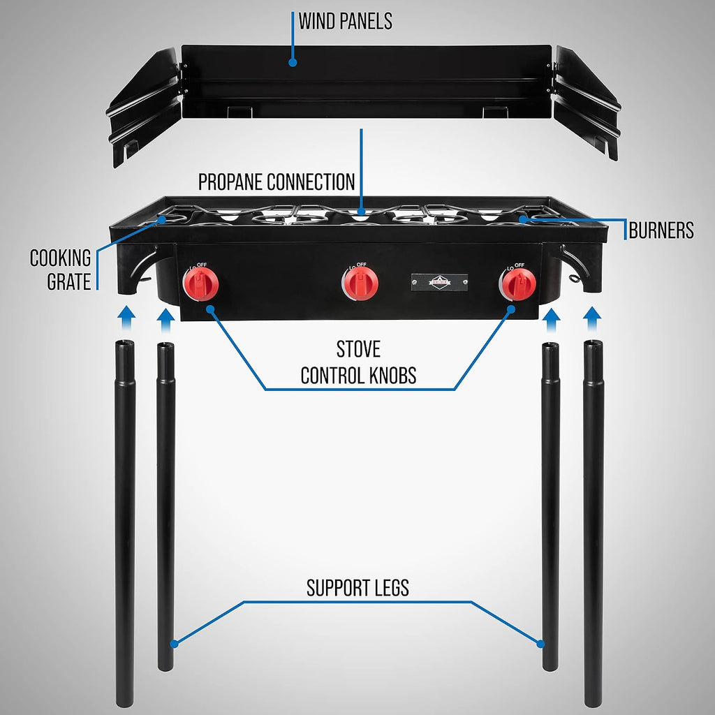 Hike Crew Cast Iron 3-Burner Outdoor Gas Stove | 225,000 BTU Portable Propane Cooktop w/Blue Flame Control, Removable Legs, Temperature Control Knobs, Wind Panel, Hose, Regulator & Storage Carry Case