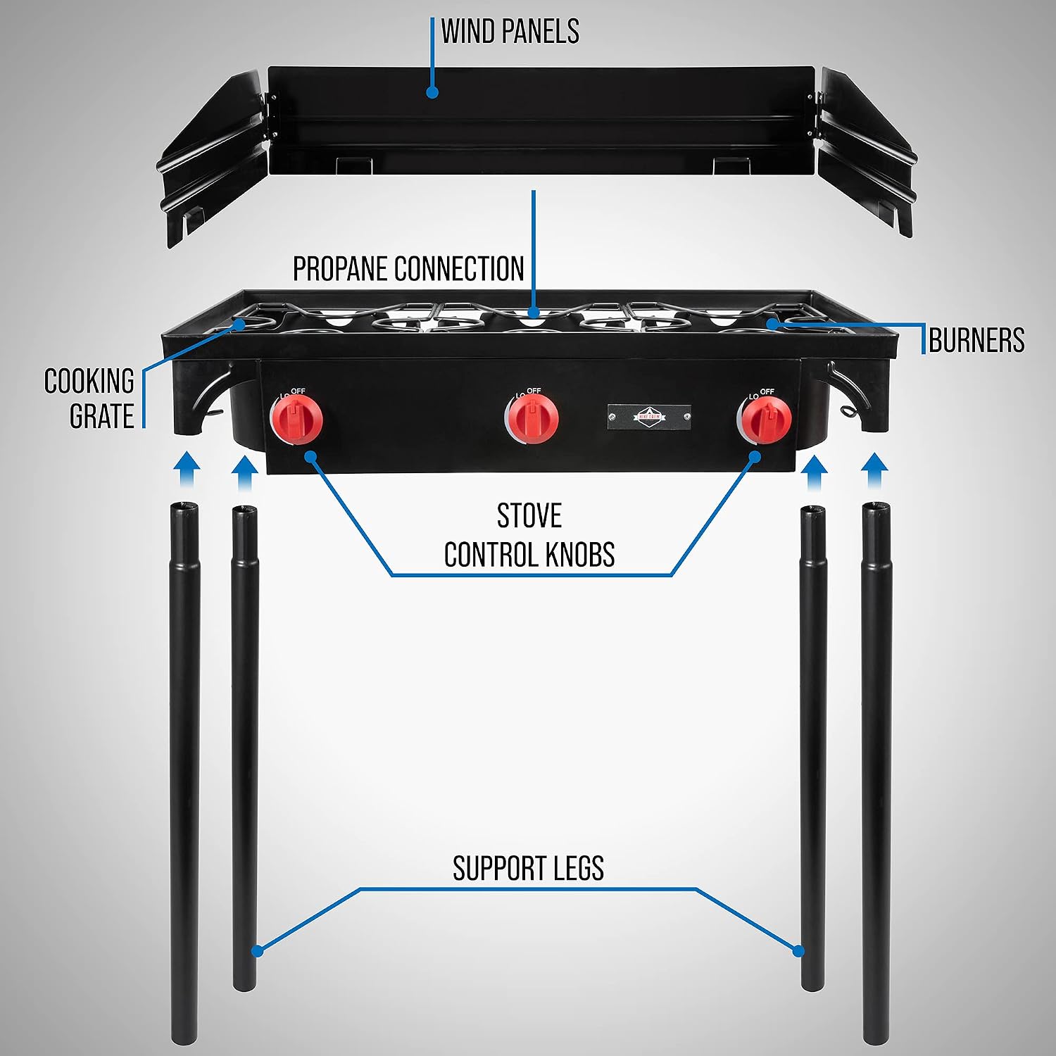 Hike Crew Cast Iron 3-Burner Outdoor Gas Stove | 225,000 BTU Portable Propane Cooktop w/Blue Flame Control, Removable Legs, Temperature Control Knobs, Wind Panel, Hose, Regulator & Storage Carry Case