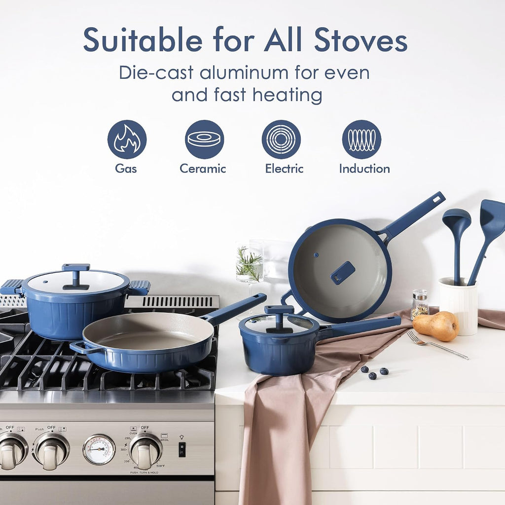 SENSARTE Ceramic Nonstick Cookware Set 15 Piece, includes 5 Qt Ceramic Nonstick Frying Pan Skillet with Lid