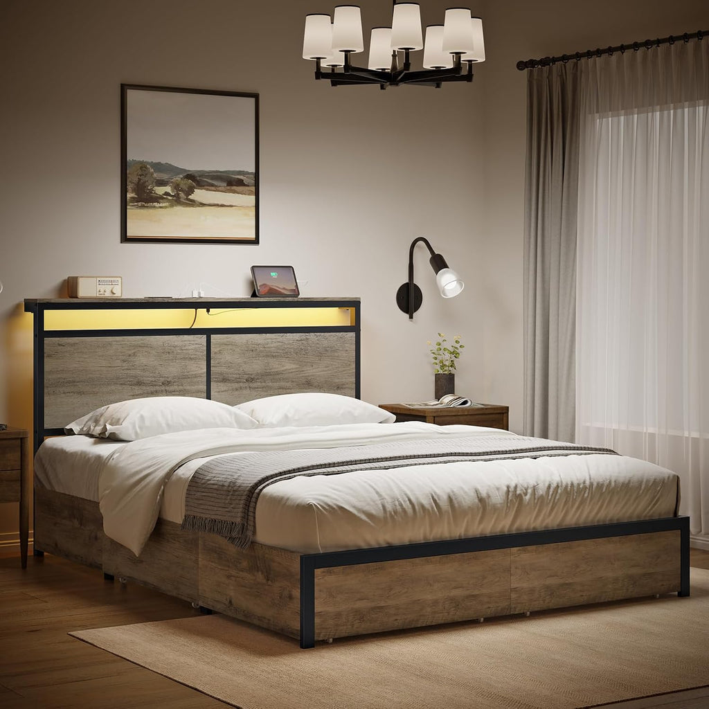 HAUSOURCE Full Bed Frame with 4 Storage Drawers Metal Platform Bed Frame Full Size with Headboard Charging Station LED Lights Non-Slip Without Noise No Box Spring Needed
