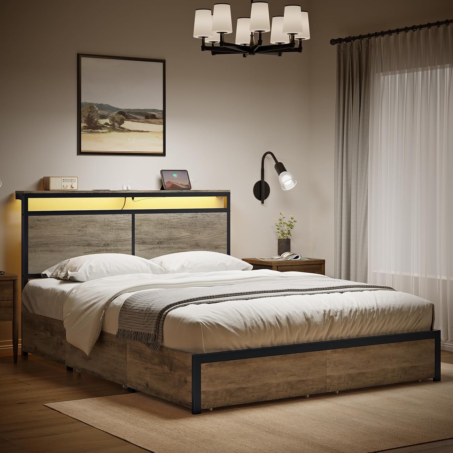 HAUSOURCE Full Bed Frame with 4 Storage Drawers Metal Platform Bed Frame Full Size with Headboard Charging Station LED Lights Non-Slip Without Noise No Box Spring Needed