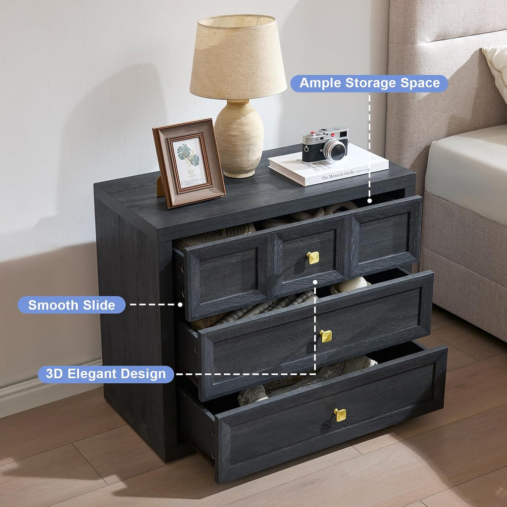 3 Drawers Nightstand Set of 2 W/Charging Station, 30.7' W King Size Bedside Table with 3 Drawers, Accent End Table W/Large Storage, Modern Wood Side Table for Bedroom,Office (2 Pieces, Gray Black)
