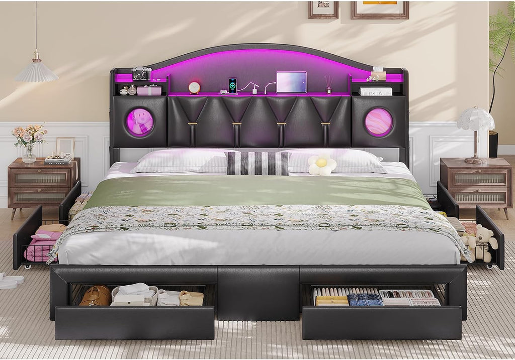 King Size Bed Frame,Bed Frame king size with 6 Large Drawers & Charging Station and LED Lights,King Bed Frame and Headboard,King Size Bed Heavy Duty Metal Frame Support, No Box Spring Needed,PU Black