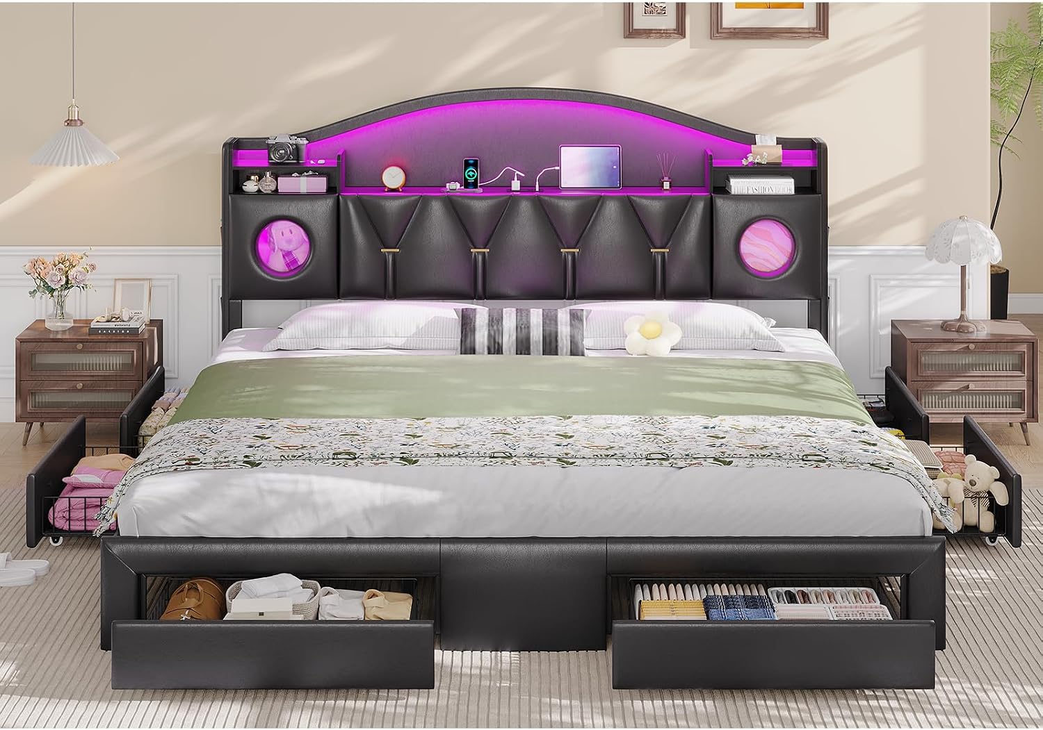 King Size Bed Frame,Bed Frame king size with 6 Large Drawers & Charging Station and LED Lights,King Bed Frame and Headboard,King Size Bed Heavy Duty Metal Frame Support, No Box Spring Needed,PU Black