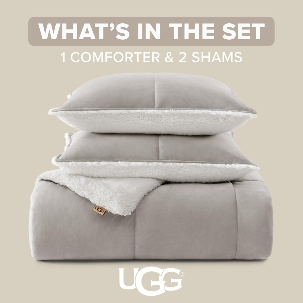 UGG Blissful Queen Comforter Set with 2 Pillow Shams, Reversible Quilted Bed Comforter, Ultra Warm Winter Bed Set, Down Alternative Bedding, Full/Queen Size, Seal Grey