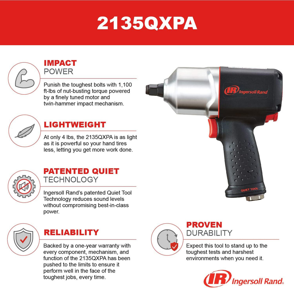 Ingersoll Rand 2135QXPA 1/2' Air Impact Wrench, Quiet, 1,100 ft-lbs Nut-Busting Torque