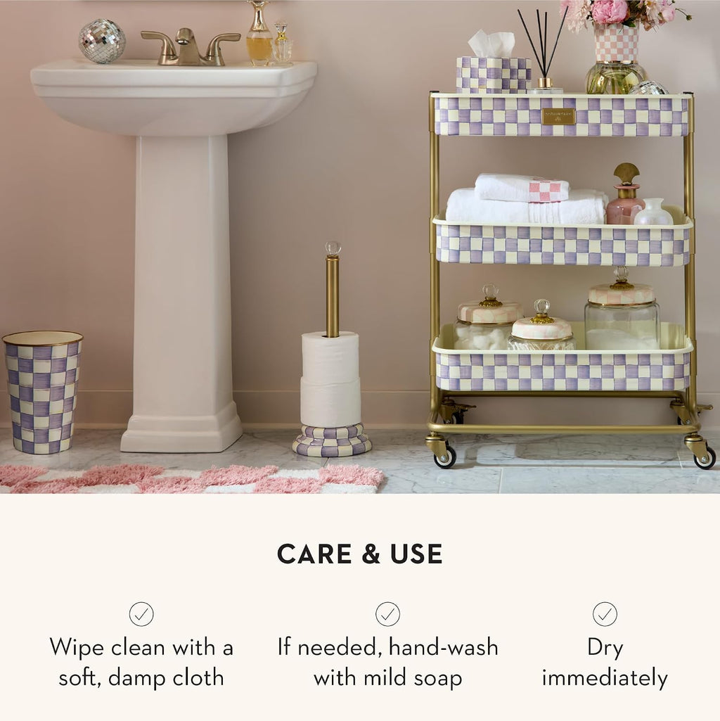 MACKENZIE-CHILDS Enamel Toilet-Tissue Storage, Decorative Toilet-Paper-Holder Stand for Bathroom, Purple-and-White Violet Check