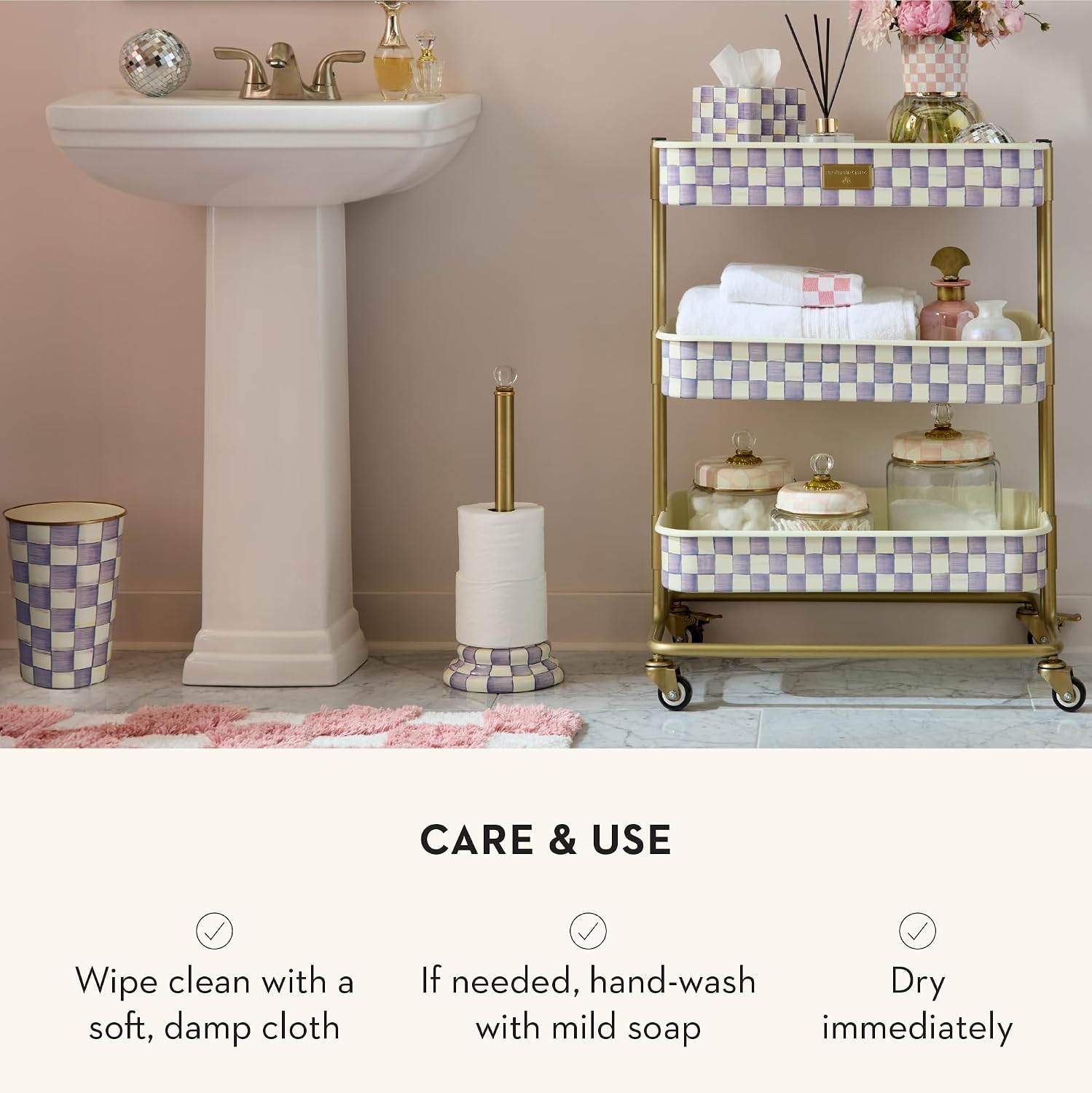 MACKENZIE-CHILDS Enamel Toilet-Tissue Storage, Decorative Toilet-Paper-Holder Stand for Bathroom, Purple-and-White Violet Check