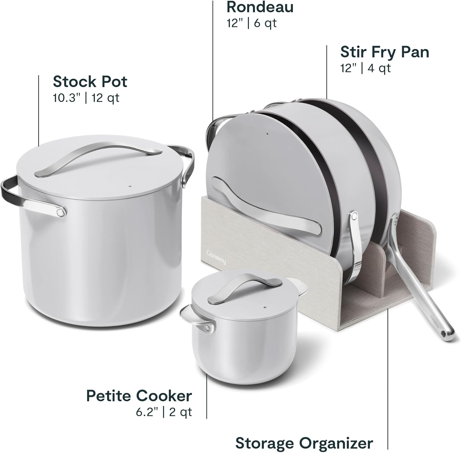 Caraway 24-Piece Nonstick Ceramic Cookware Set - Includes Fry Pans, Sauce, Sauté Pan, Dutch Oven, Petite Cooker, Stir Fry, Rondeau, Stock Pot, Lids & Storage Organizers - Gray