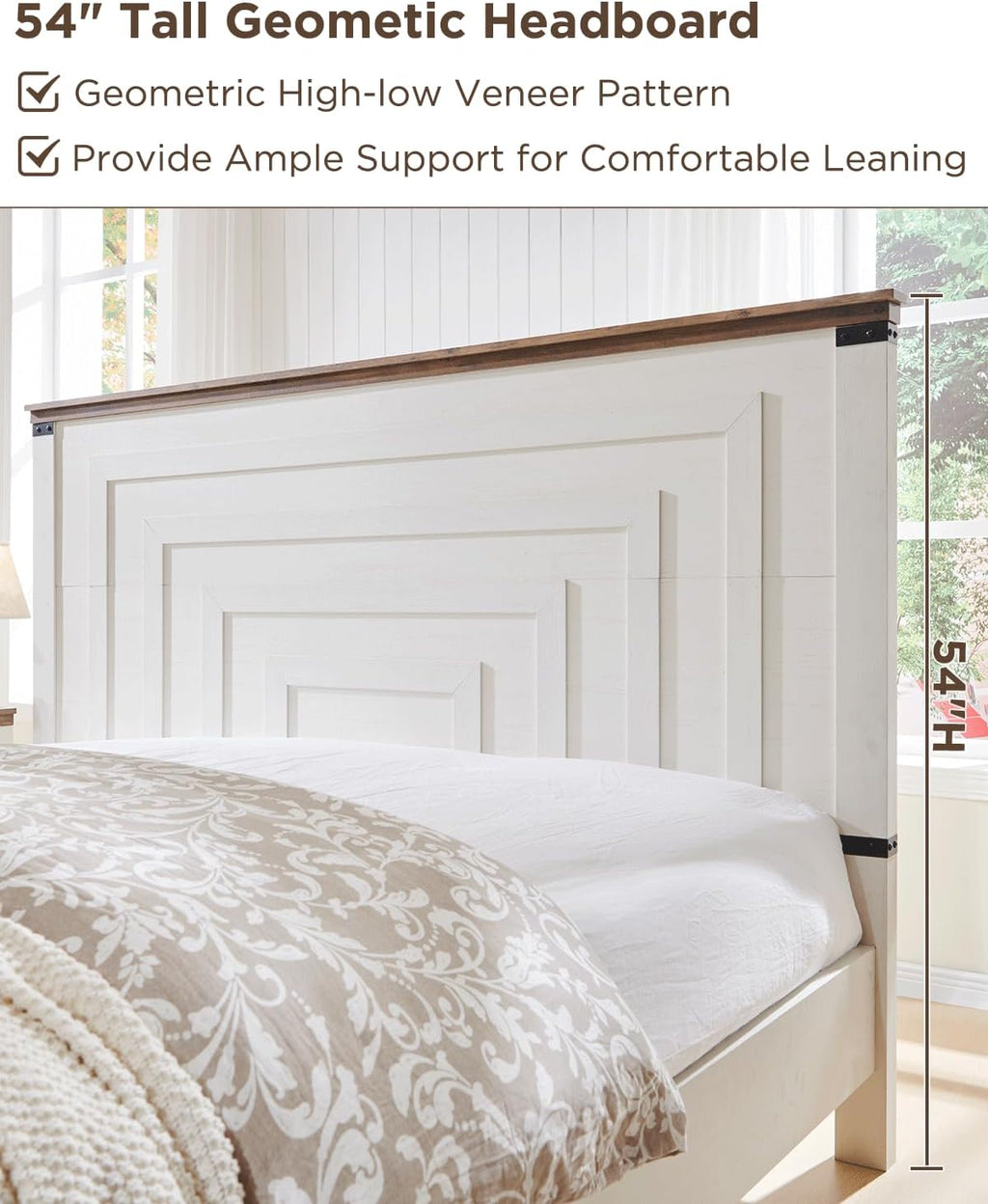 T4TREAM Farmhouse Queen Size Bed Frame with 54' Tall Geometric Headboard & 2 Large Storage Drawers, Rustic Wood Platform Bed with Wood Slats Support, No Box Spring Needed, Antique White