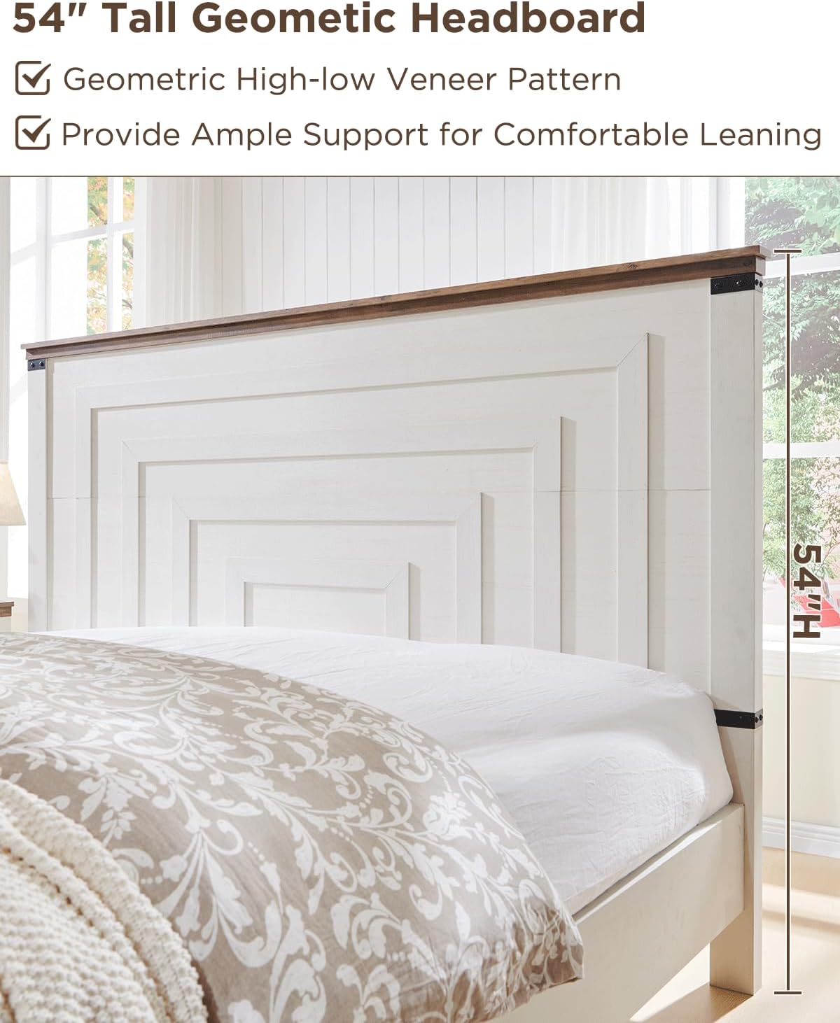 T4TREAM Farmhouse Queen Size Bed Frame with 54' Tall Geometric Headboard & 2 Large Storage Drawers, Rustic Wood Platform Bed with Wood Slats Support, No Box Spring Needed, Antique White