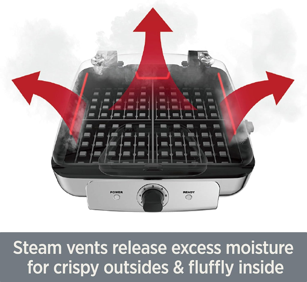 All-Clad Electric Stainless Steel Waffle Maker 4 slice, Digital screen and audible beep alert 7 Browning Levels, Square, Belgium Waffle, Removable Plates, Dishwasher Safe Silver