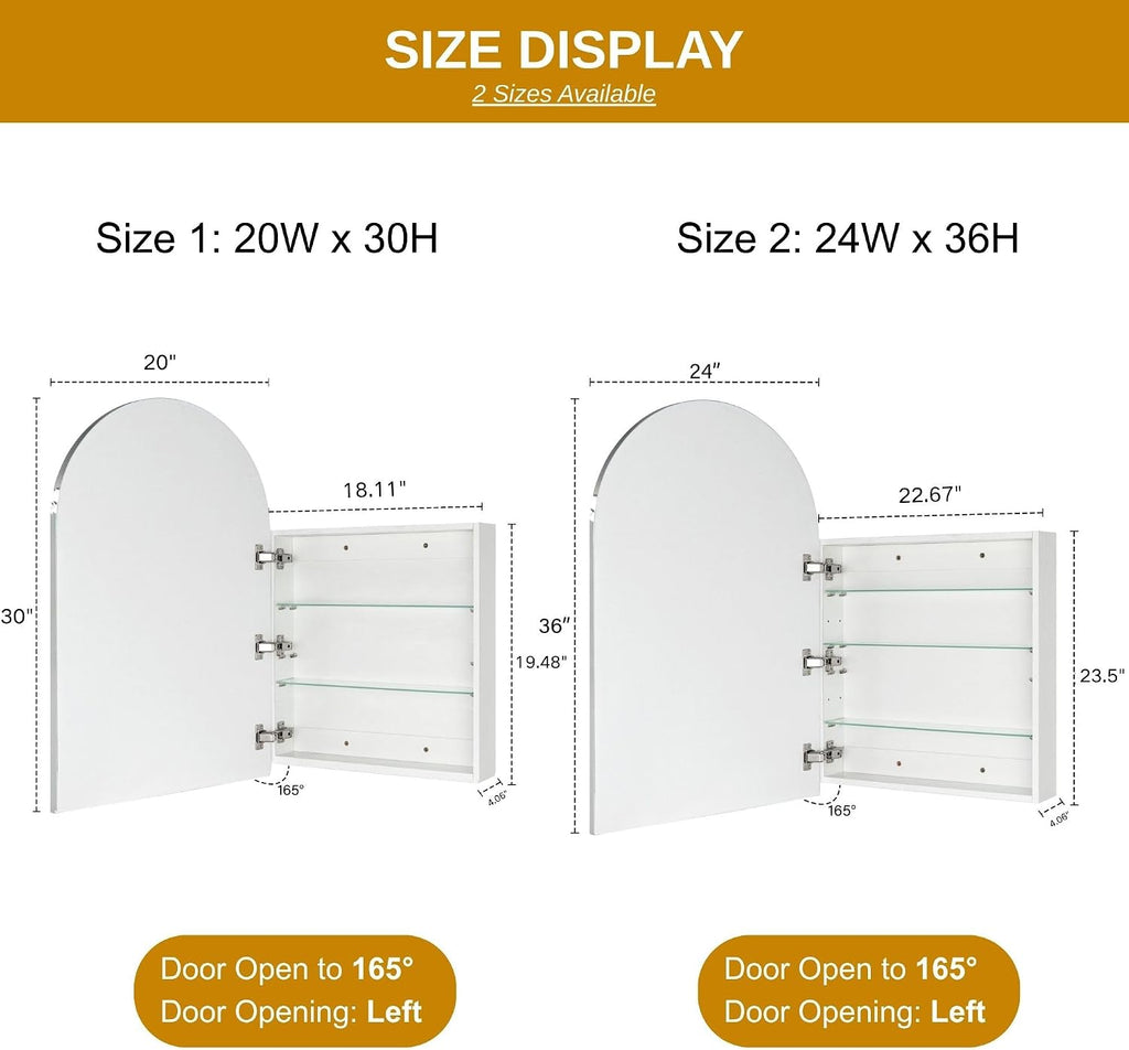 TEHOME 24 x 36'' Chrome Arch Bathroom Medicine Cabinet with Mirror Recessed and Surface Mounted Chrome Medicine Cabinet Mirror