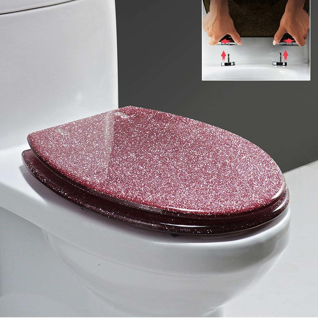 Glitter Resin Toilet Seat Elongated, Soft Close Quick Release, Easy Installation/Remove, Fit All Standard Oval-Shape (Pink)