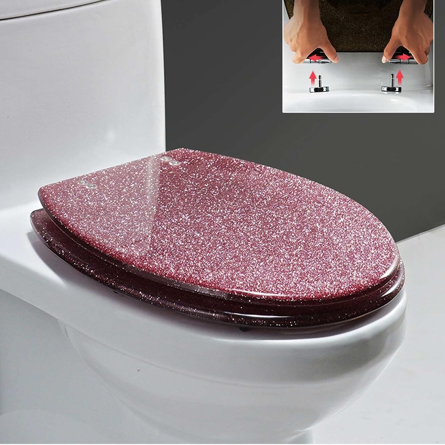 Glitter Resin Toilet Seat Elongated, Soft Close Quick Release, Easy Installation/Remove, Fit All Standard Oval-Shape (Pink)