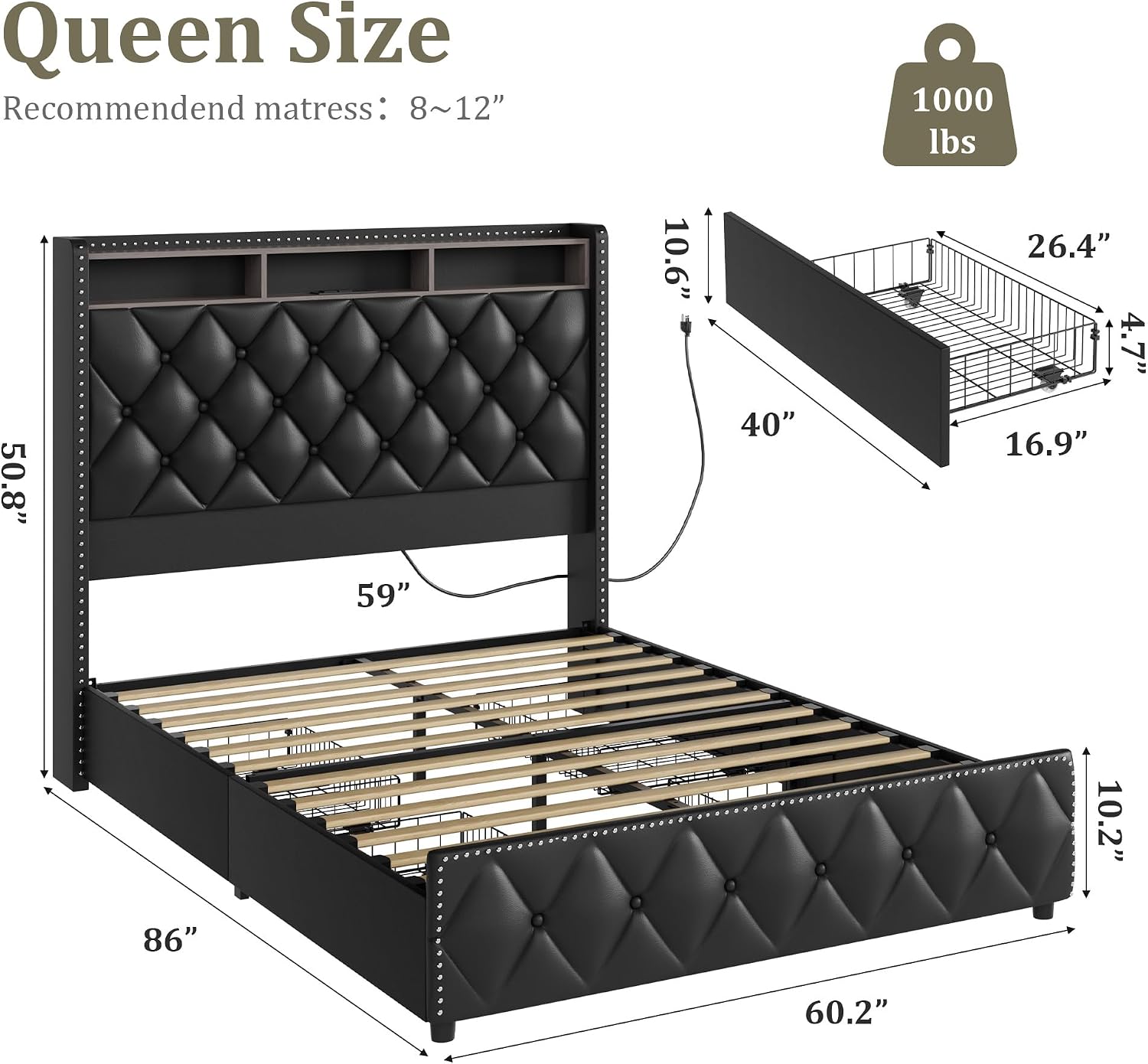 GarveeHome Queen Bed Frame with 50.8 in Tall Headboard, Platform Leather Upholstered Bed Frame with 4 Storage Drawers, USB Charging Station, Led Lights, No Box Spring Needed, Easy Assembly, Black
