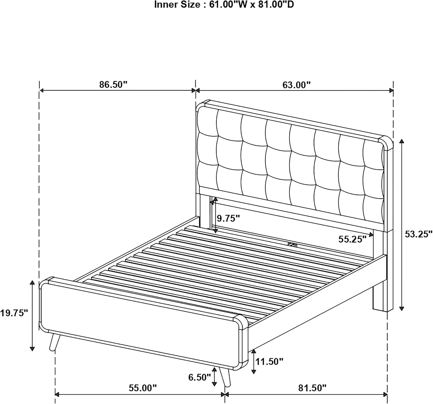 Coaster Home Furnishings - Robyn - Wood - Queen Platform Bed with Upholstered Headboard, Tapered Legs, Square Tufting - Bedroom - Dark Walnut - 205131Q