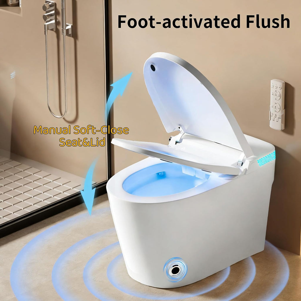 Smart Toilet with Bidet, Elongated Heated Seat, Dual Auto Flush, Manual Soft-Close Seat & Lid, Child Mode, Warm Water Wash & Air Dry, Tankless Electric One Piece Toilet for Bathroom with LED Display