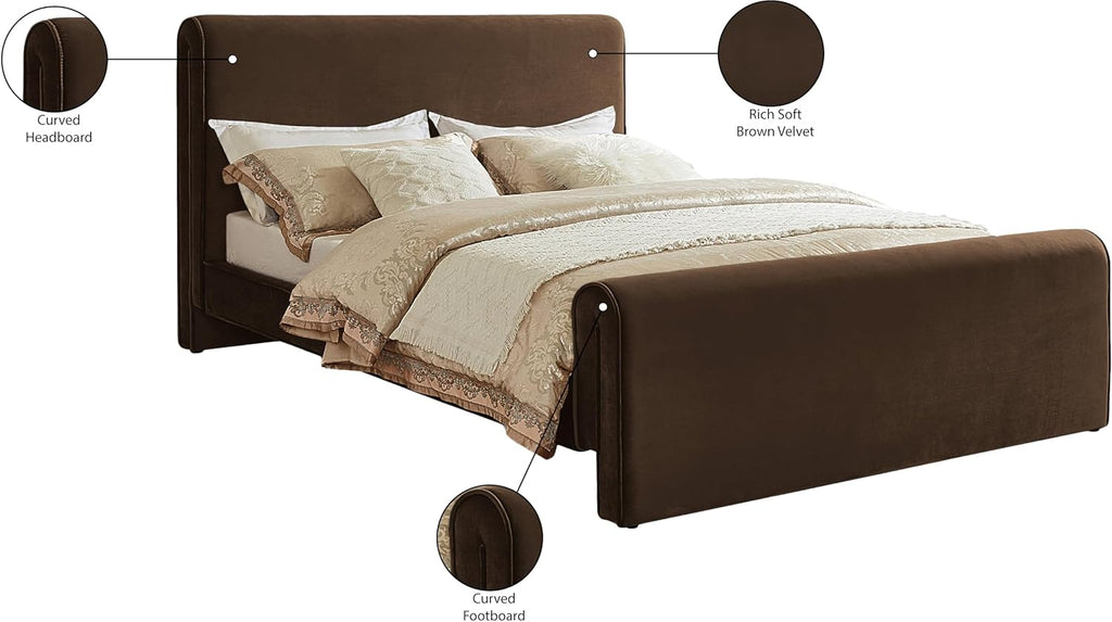 Meridian Furniture SloanBrown-K Sloan Collection Modern | Contemporary Velvet Upholstered King Bed with Rich Soft Brown Velvet, Curved Headboard and Footboard, 82' W x 96' D x 45' H, Brown, King