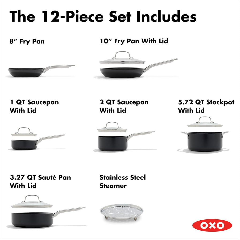 OXO Agility Series 12 Piece Cookware Pots and Pans Set, Ceramic Nonstick PFAS-Free, Induction, Skillets,Saucepans,Lids,Even Heating,Stainless Steel Handles,Chip-Free Rims,Dishwasher & Oven Safe,Black