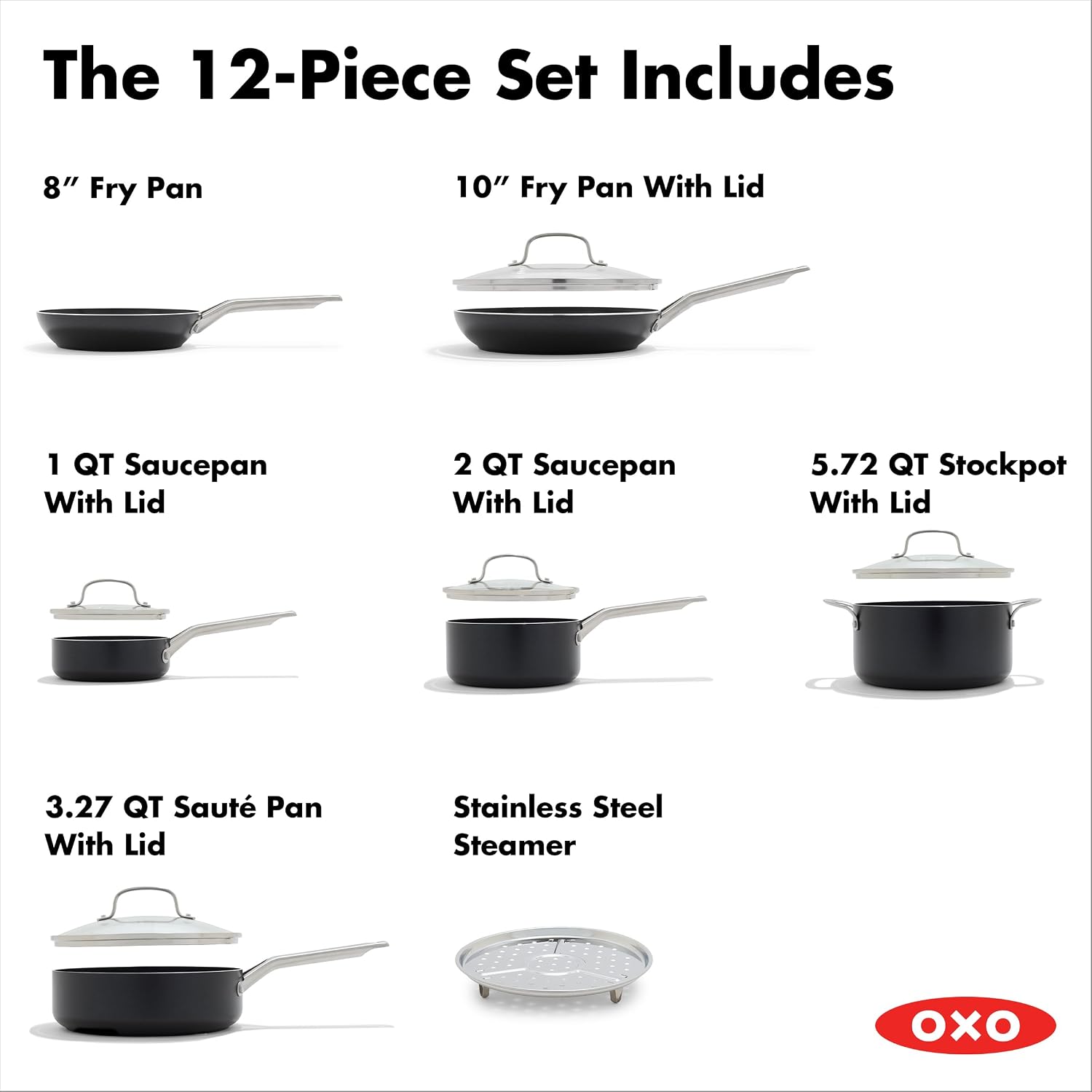 OXO Agility Series 12 Piece Cookware Pots and Pans Set, Ceramic Nonstick PFAS-Free, Induction, Skillets,Saucepans,Lids,Even Heating,Stainless Steel Handles,Chip-Free Rims,Dishwasher & Oven Safe,Black