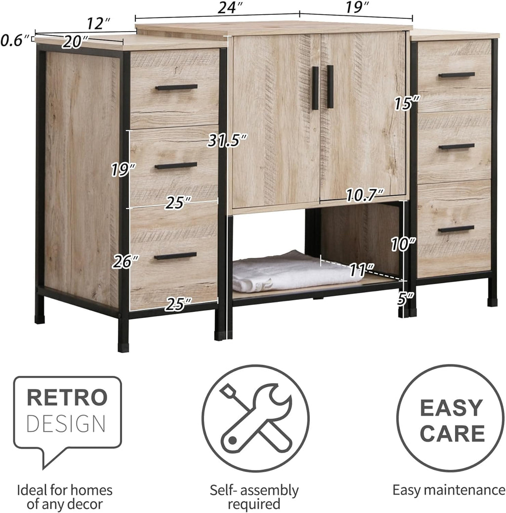UEV 48' Rustic Oak Bathroom Vanity with Sink Combo,Industrial Iron Frame Bathroom Cabinet Sets with Double 3 Drawers Side Cabinet,Modern Brown Boat Tempered Glass Vessel Sink(029BR)