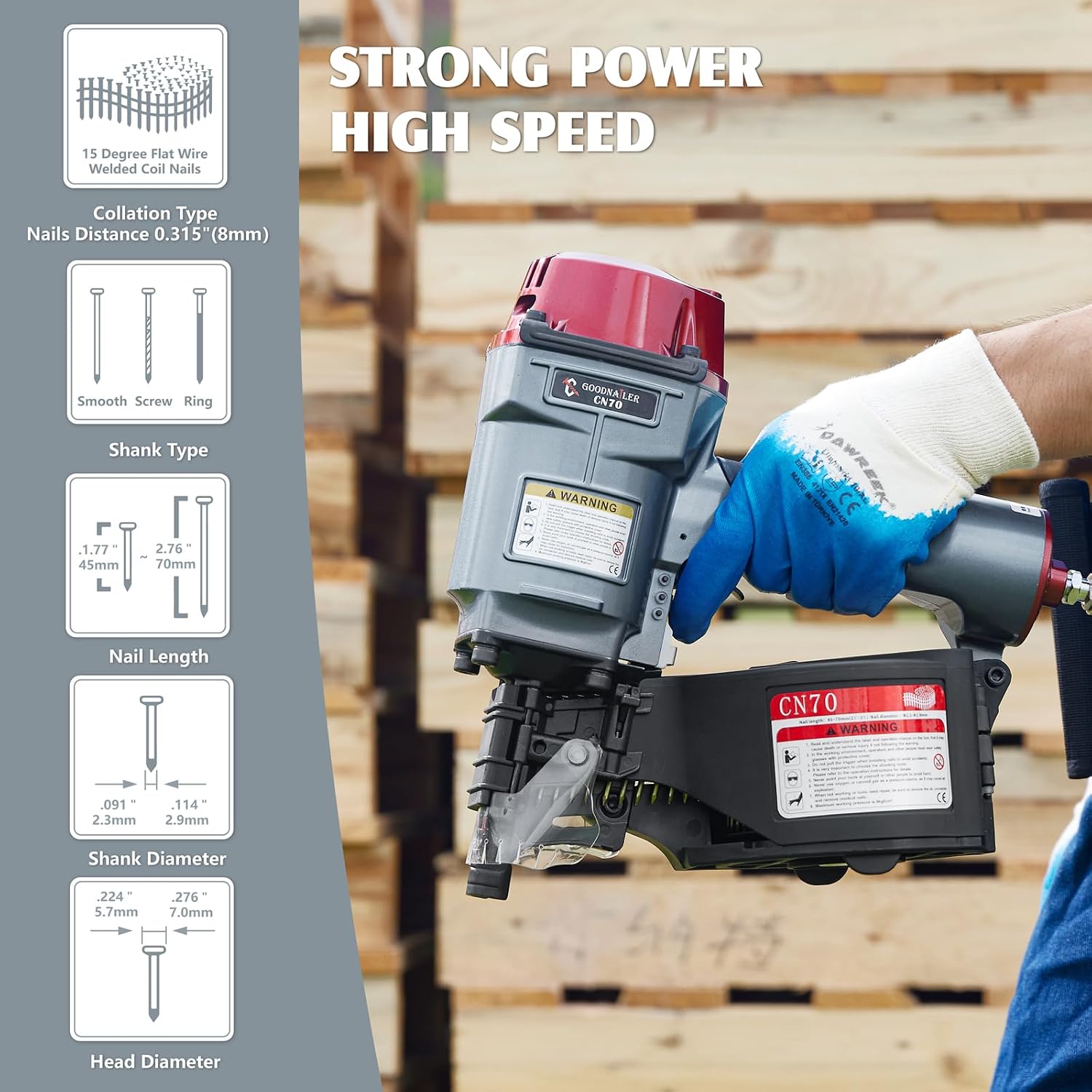 CN70 Air Coil Nailer 15 Degree 1-3/4-Inch to 2-3/4-Inch Siding Nailer Fast Shooting For Wooden Pallet Packing Wood Fencing