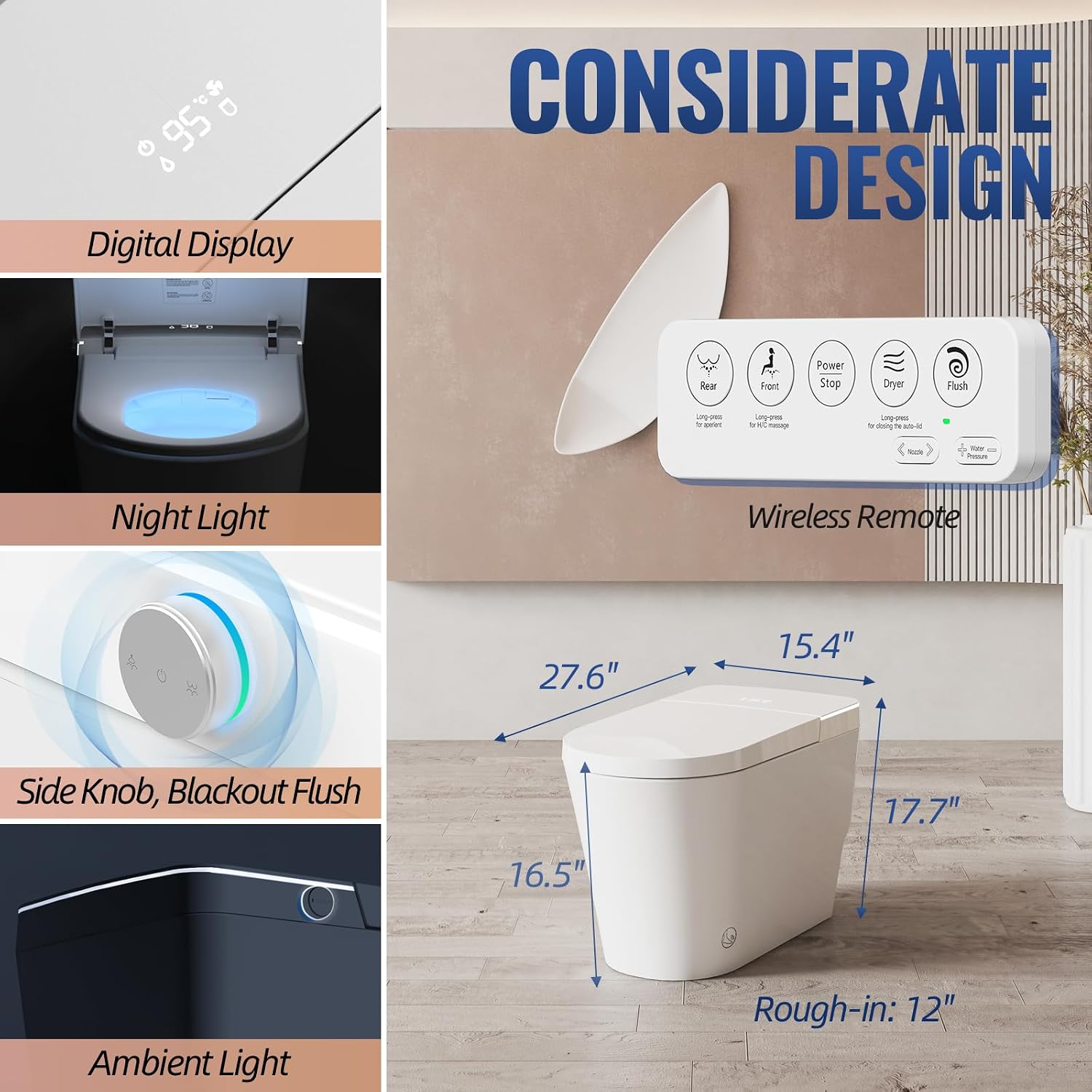 LW Smart Toilet with Bidet Built in, One Piece Elongated Modern Bidet Toilet with Foot Sensing Auto Open/Close, Pump-Assisted Auto Flush, Heated Seat, Warm Water & Dryer, LED Display, Night Light