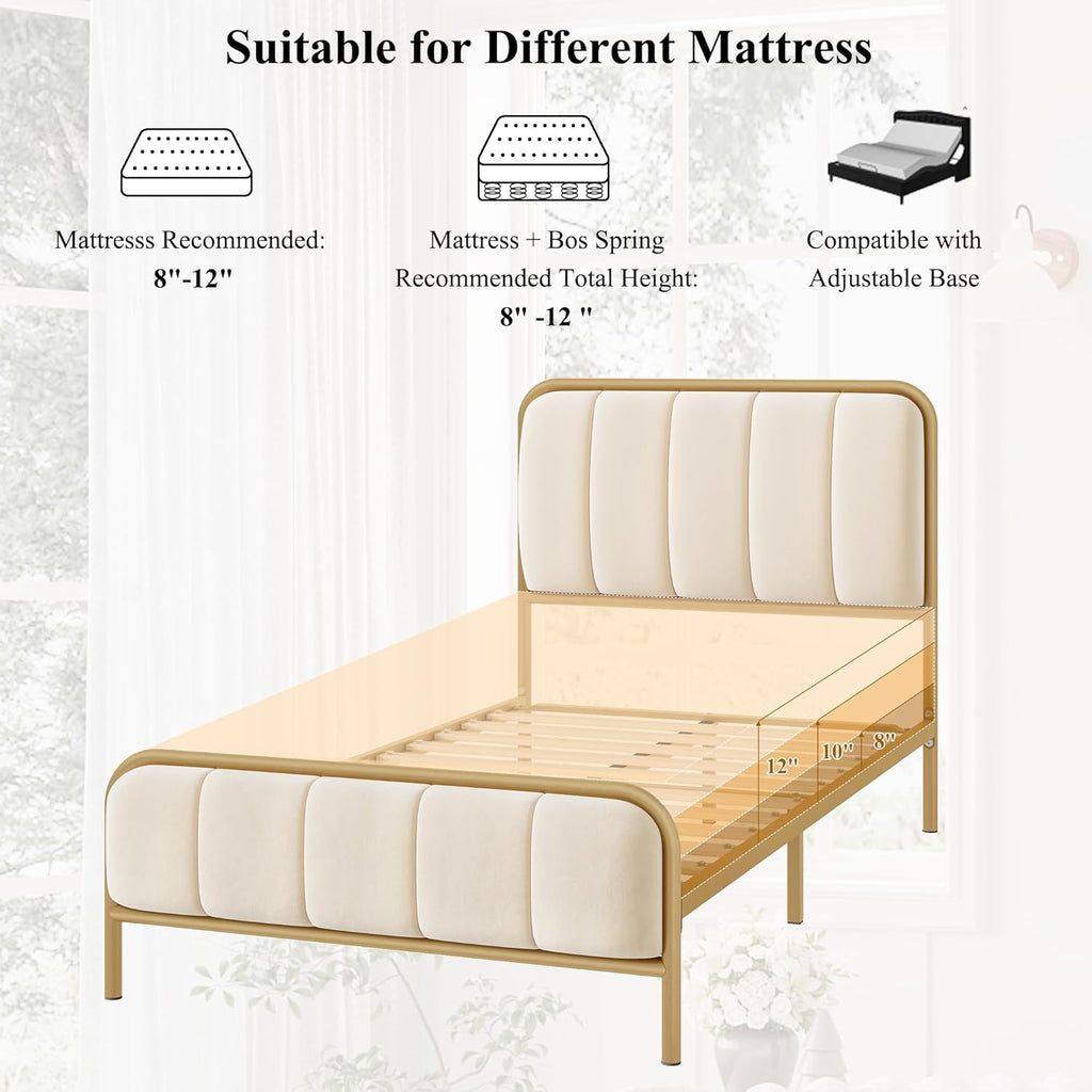 HITHOS Twin Size Bed Frame with Button Tufted Headboard, Upholstered Heavy Duty Metal Mattress Foundation with Wooden Slats, Easy Assembly, No Box Spring Needed (Golden/Off White, Twin)