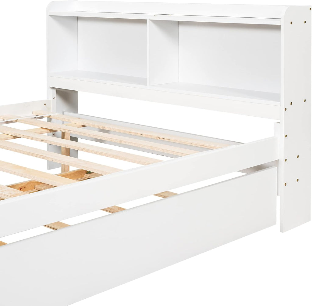 Full Size Bed Frame with Trundle,Captain's Bed Full with Bookcase Headboard for Kids,Trundle Bed with Storage for Kids,Teens,Adults(White)
