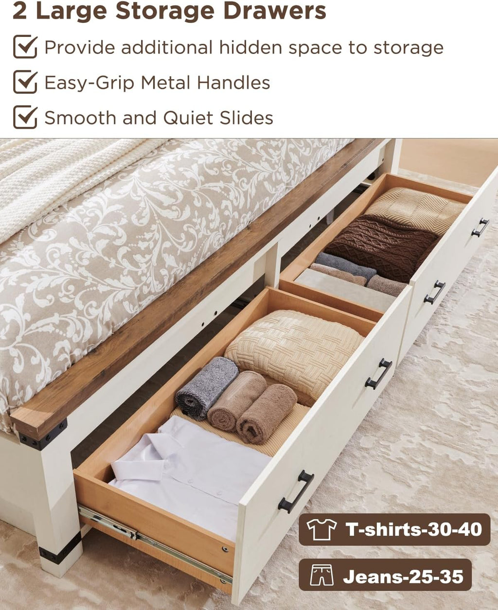 T4TREAM Farmhouse Queen Size Bed Frame with 54' Tall Geometric Headboard & 2 Large Storage Drawers, Rustic Wood Platform Bed with Wood Slats Support, No Box Spring Needed, Antique White