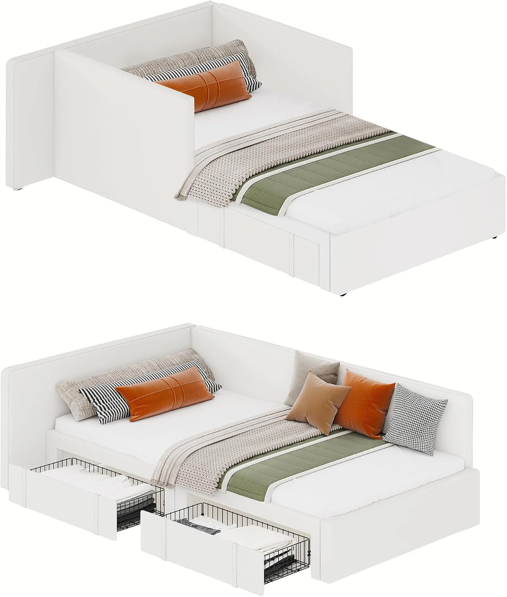 GarveeHome Twin Daybed with Storage Drawers, Velvet Upholstered Corner Bed Frame with Headboard, Modern Kids Bed with Bed Rails for Living Room, Bedroom, Easy Assembly, Beige