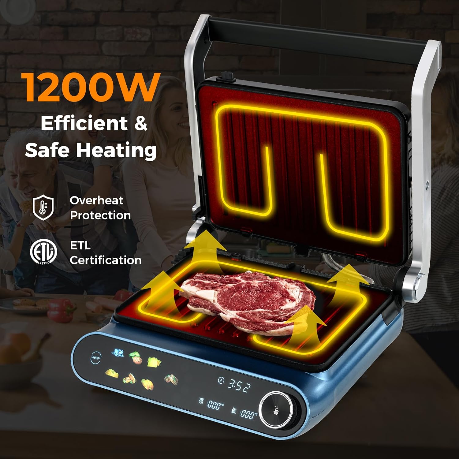 Electric Grill Indoor, Panini Press Sandwich Maker with Non-stick Reversible Grill Plates, Drip Tray & LED Display, 7 Grilling Modes, Dishwasher Safe, 1200W