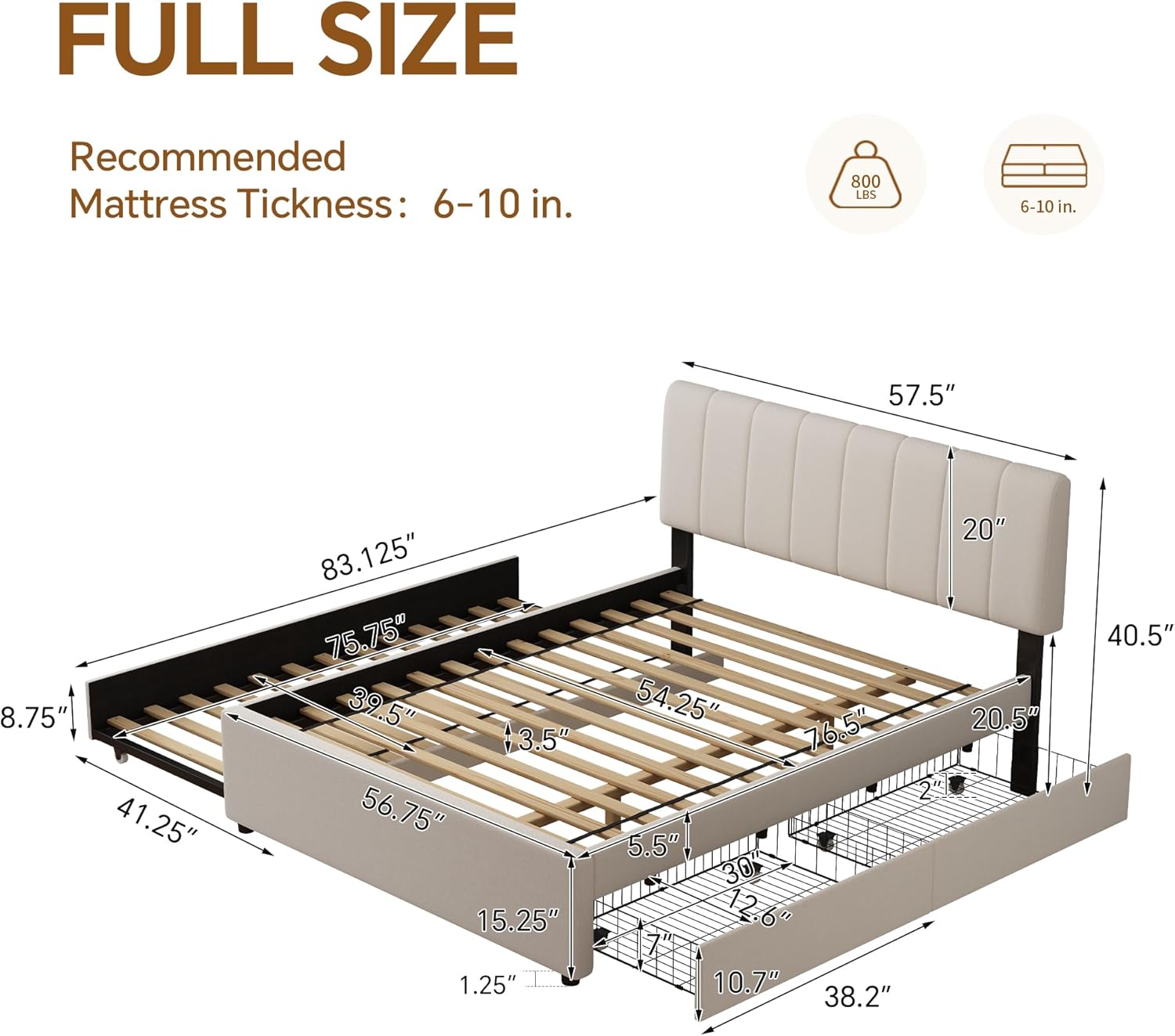Full Size Upholstered Platform Bed with Trundle,2 Storage Drawers & USB/Type-C Charging,Chenille Fabric Bed Frame with APP-Controlled LED Lights,No Box Spring Needed,800LBS Capacity for Bedroom,Beige