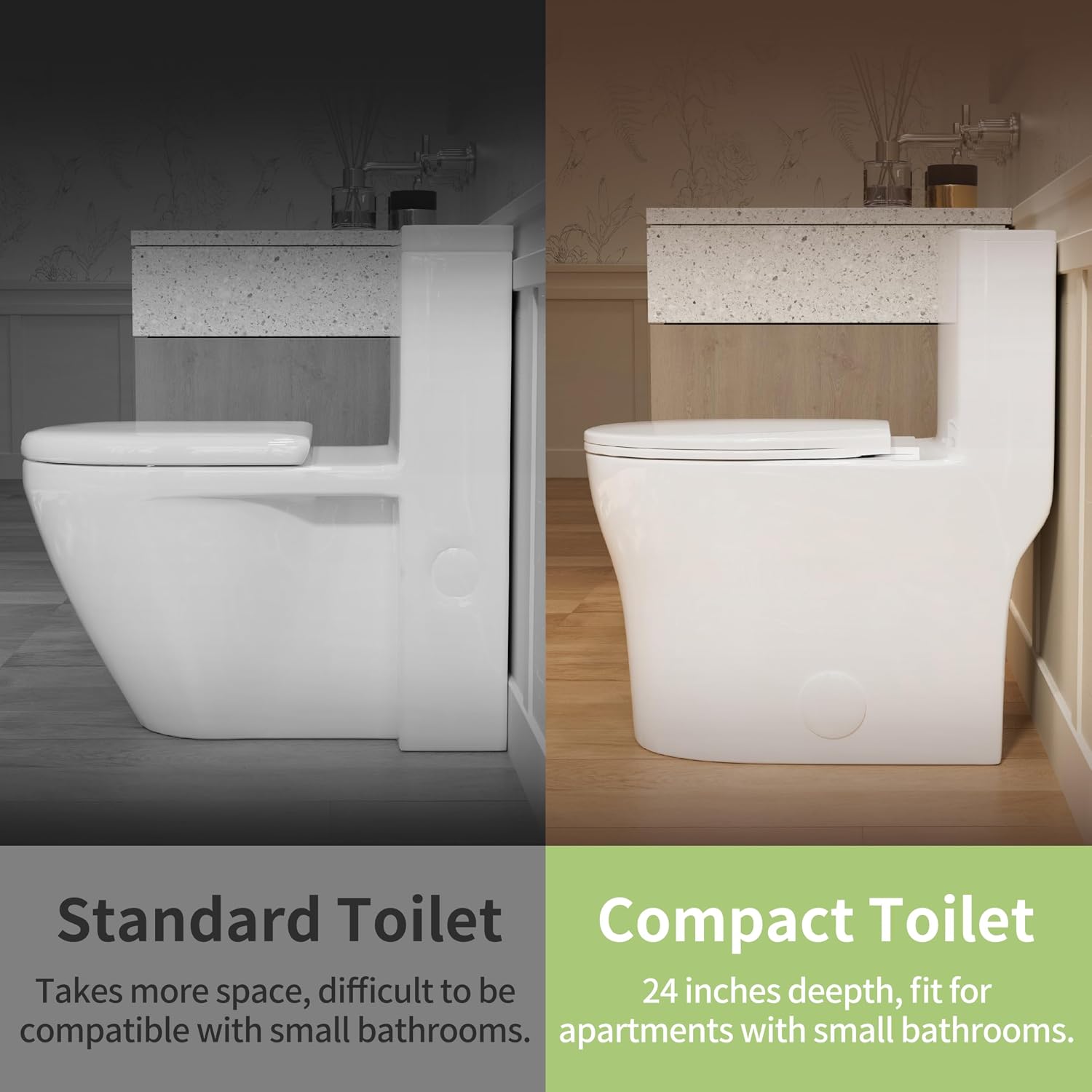 Casta Diva Compact One Piece Toilet for Small Bathroom, Round Modern Skirted Toilet with Soft Close Seat, Space Saving, 12'' Rough-in, High Efficiency Dual Flush and MAP 1000g, White